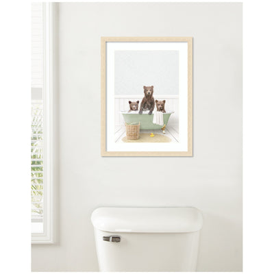 Three Bear Cubs in Cottage Green Bath by Amy Peterson Framed Wall Art Print