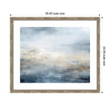 Framed abstract painting with tonal blue, gray, and beige brushstrokes evoking an oceanic serenity, in a detailed neutral ornate frame, 26x22 inches.