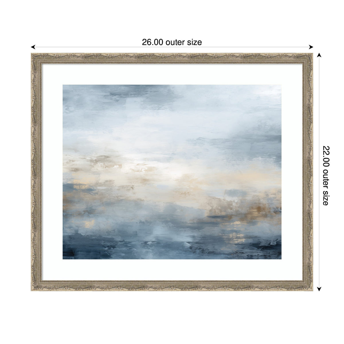 Framed abstract painting with tonal blue, gray, and beige brushstrokes evoking an oceanic serenity, in a detailed neutral ornate frame, 26x22 inches.