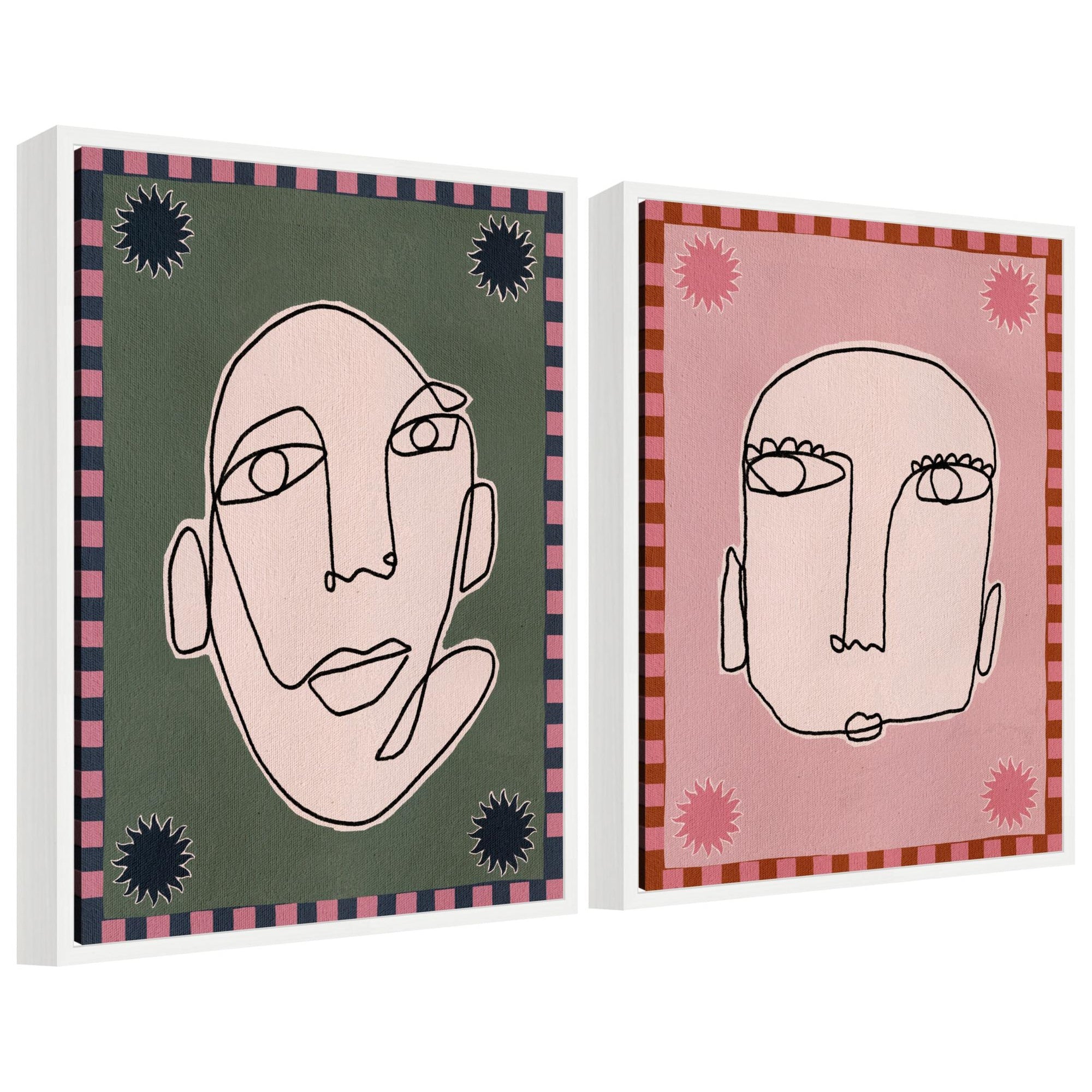 Two framed abstract canvas art pieces with layered shapes in muted tones from the Sylvie Under the Sun collection by Shatha Al Dafai