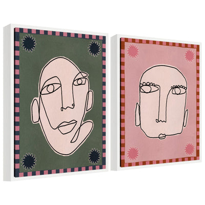 Two framed abstract canvas art pieces with layered shapes in muted tones from the Sylvie Under the Sun collection by Shatha Al Dafai