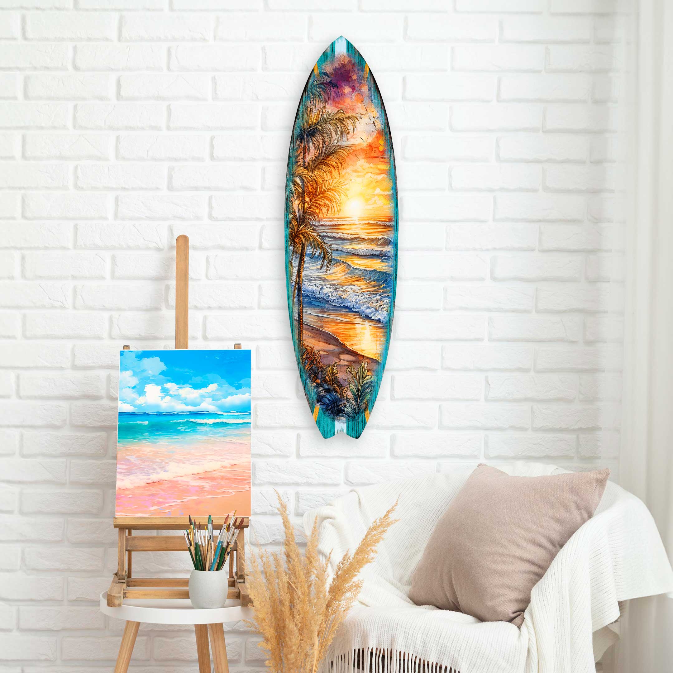 Surfboard Coastal Wall Art - Golden Waves Ocean Sunset by G. DeBrekht