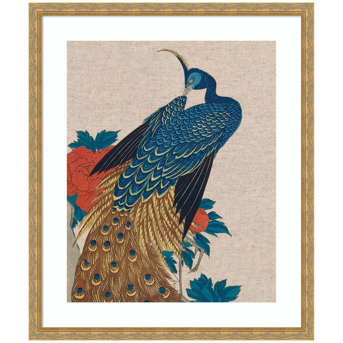 Illustration of a blue and gold peacock perched with its detailed feathered tail cascading down among vibrant red peonies and teal leaves on neutral linen background.