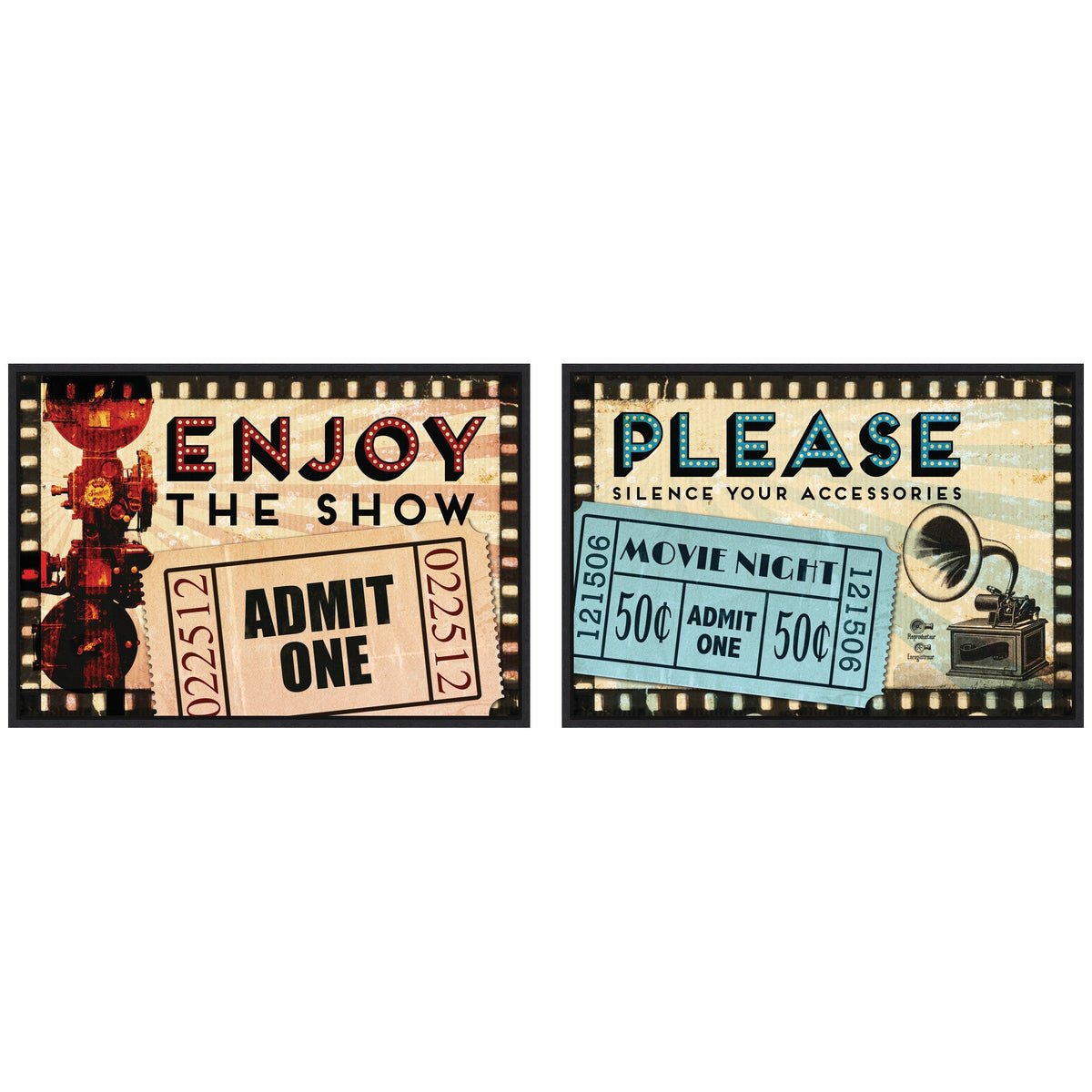 Vintage Movie Tickets 2 Piece Framed Canvas Wall Art Set displayed on wall