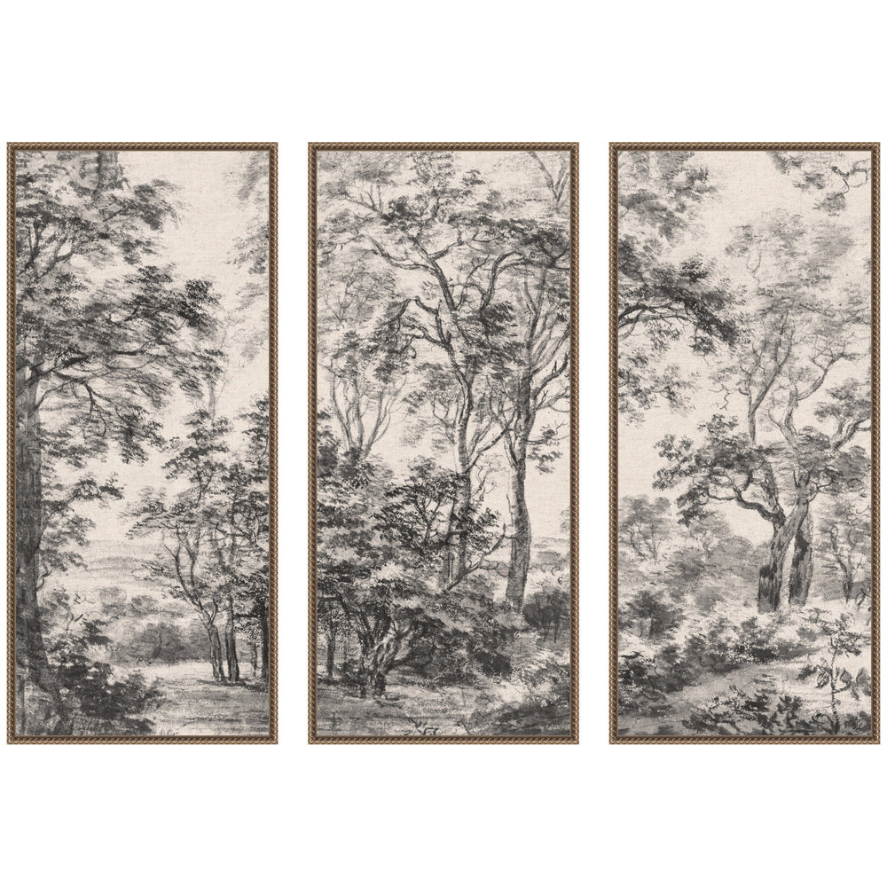 Three piece framed canvas wall art set featuring wooded scene in linen panels with Sylvie frames
