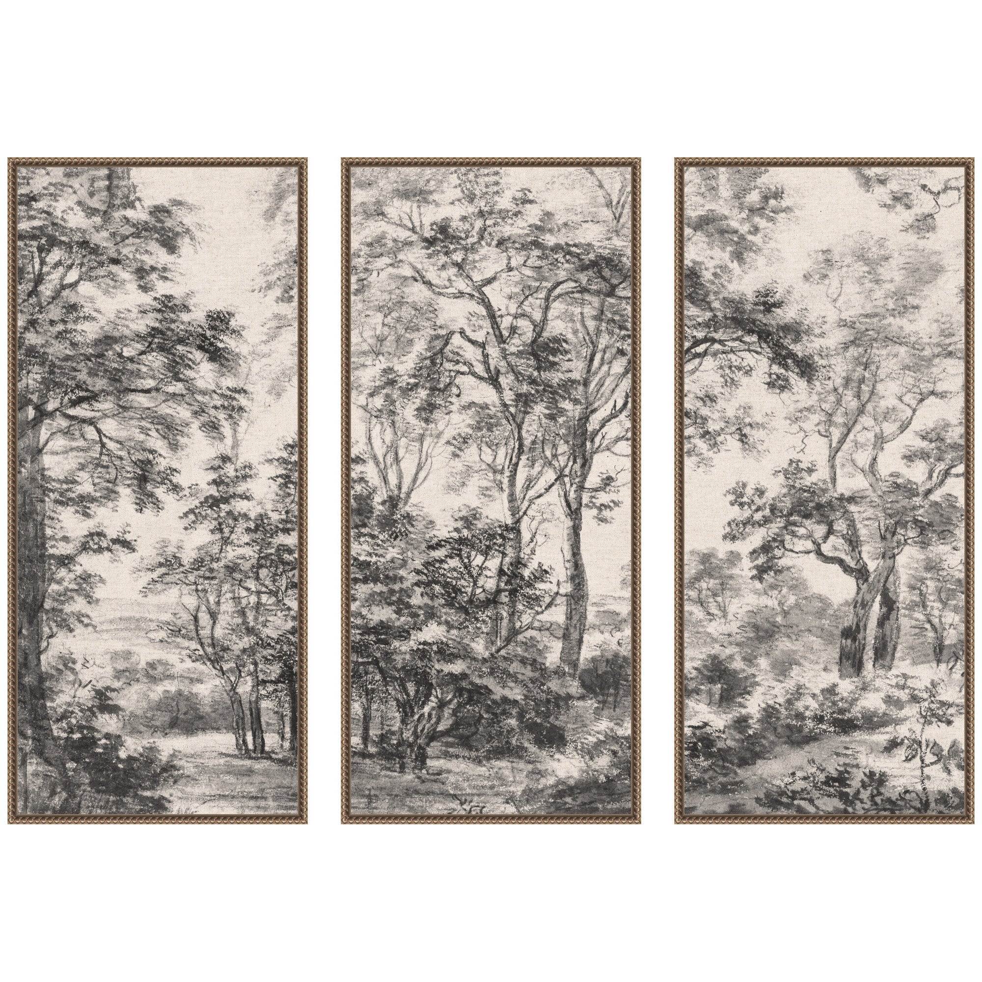 Three piece framed canvas wall art set featuring wooded scene in linen panels with Sylvie frames