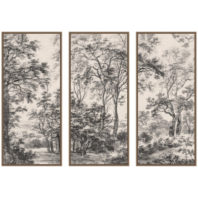 Three piece framed canvas wall art set featuring wooded scene in linen panels with Sylvie frames