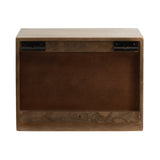 Rectangular wooden floating side table top view showing underside with two black metal mounting brackets attached to warm brown wood frame.