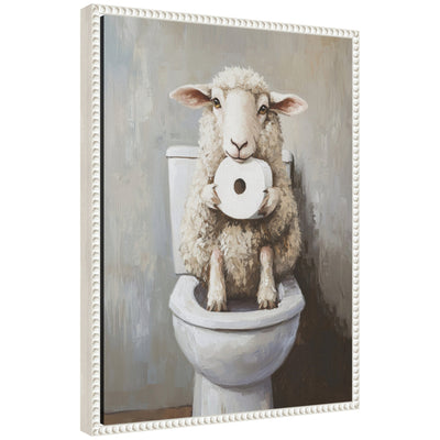 Framed canvas art depicting a cute sheep holding a toilet paper roll, with a vintage beaded frame