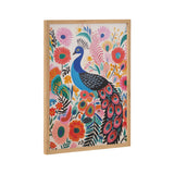 Brightly colored boho-style painting of a blue peacock with patterned feathers surrounded by vibrant pink, orange, and green floral and leafy motifs in a light wooden frame.