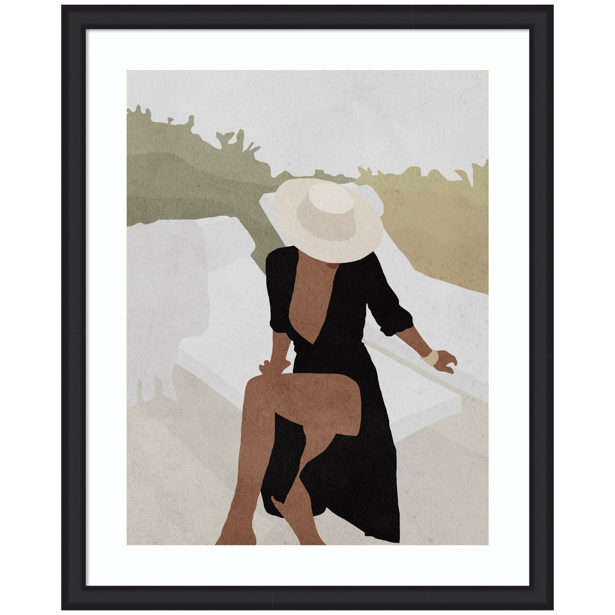 Framed art print depicting a woman seated with a black dress and wide-brimmed hat, minimalistic earth-tone background
