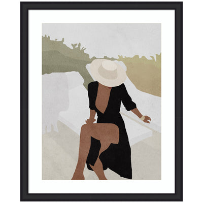 Framed art print depicting a woman seated with a black dress and wide-brimmed hat, minimalistic earth-tone background
