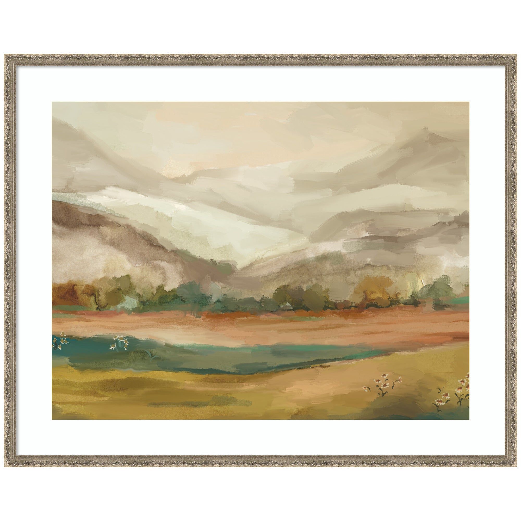 Framed Art Mountainscape Horizontal featuring gentle rolling hills and mountains with pastel trees and fields in Mila Dark Silver frame.