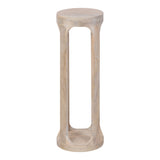 Tall, cylindrical wooden drink table with an open central column and smooth, light natural wood finish, shown from a front angle on a white background.