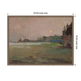 Impressionist landscape painting depicting a misty evening beach scene with muted earth tones and a pale yellow moon above distant cliffs, framed in light wood.