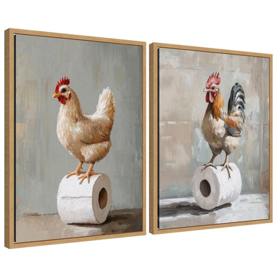 Sylvie Chicken and Rooster framed canvas art set displayed on a wall