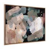 Abstract painting featuring soft overlapping brushstrokes in muted blues, greens, pinks, and whites on a dark background within a beaded gold frame.