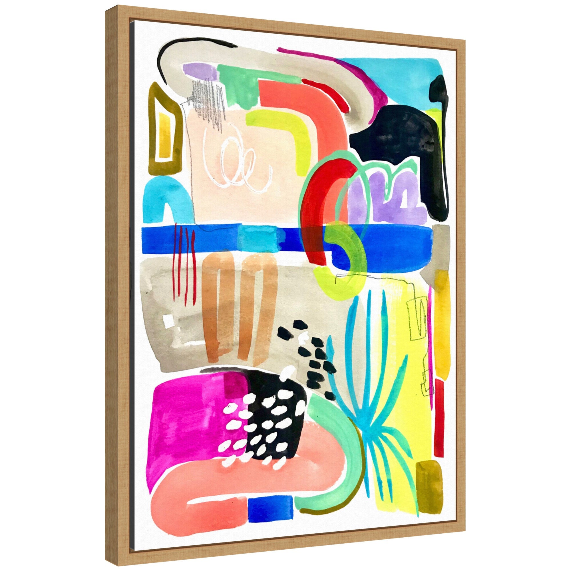 Sylvie Abstract 10 framed canvas wall art by Emma Daisy showing layered geometric abstract shapes in muted greens and blues within a floating black frame