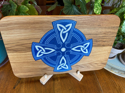 Handmade white oak charcuterie board with Celtic Cross resin inlay