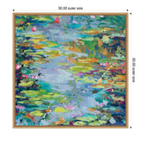 Abstract impressionist painting of water lilies and leaves with vibrant greens, blues, pinks, and purples in varied brushstrokes within a simple wooden frame.