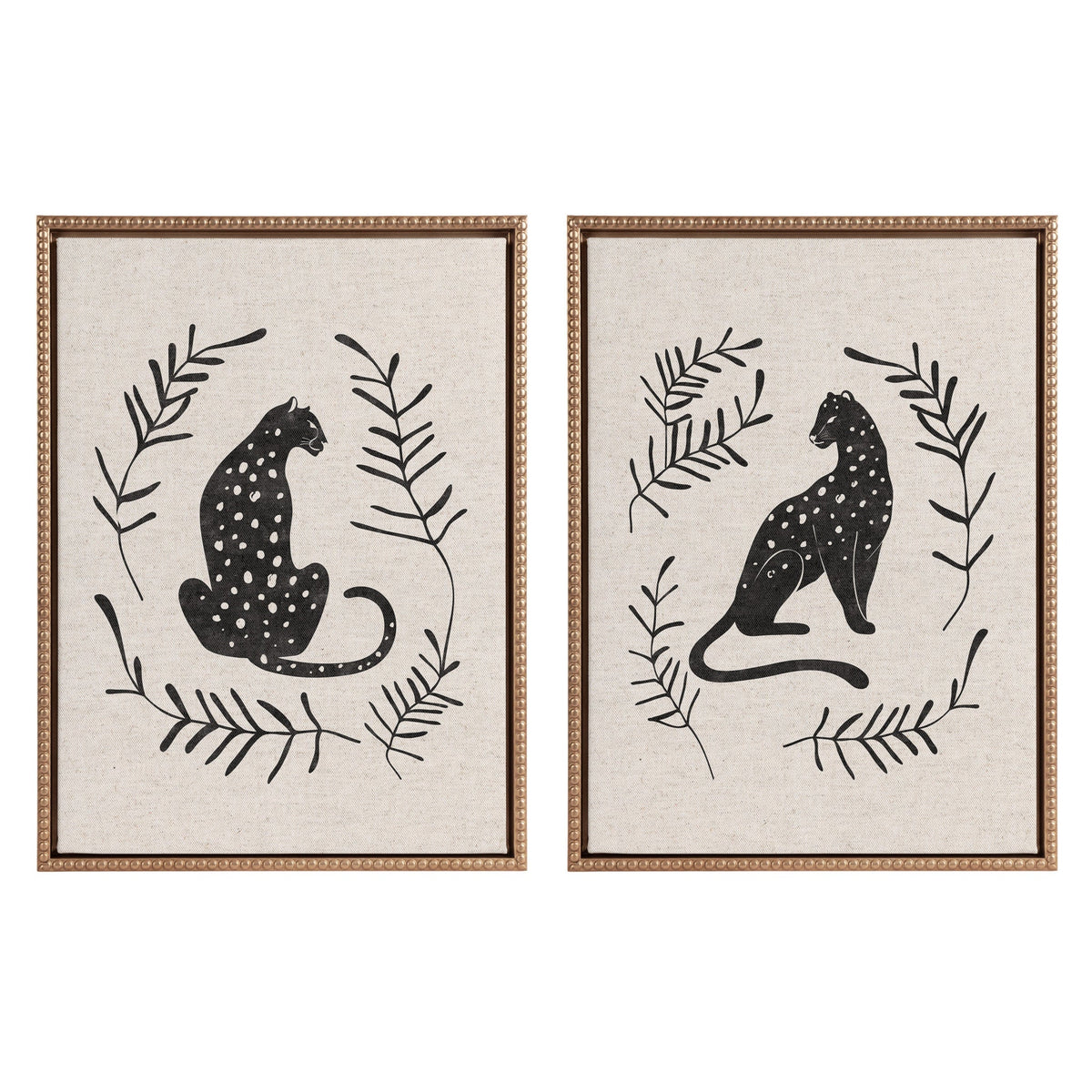 Two-piece framed canvas art set featuring neutral toned animal theme with vintage beaded frames