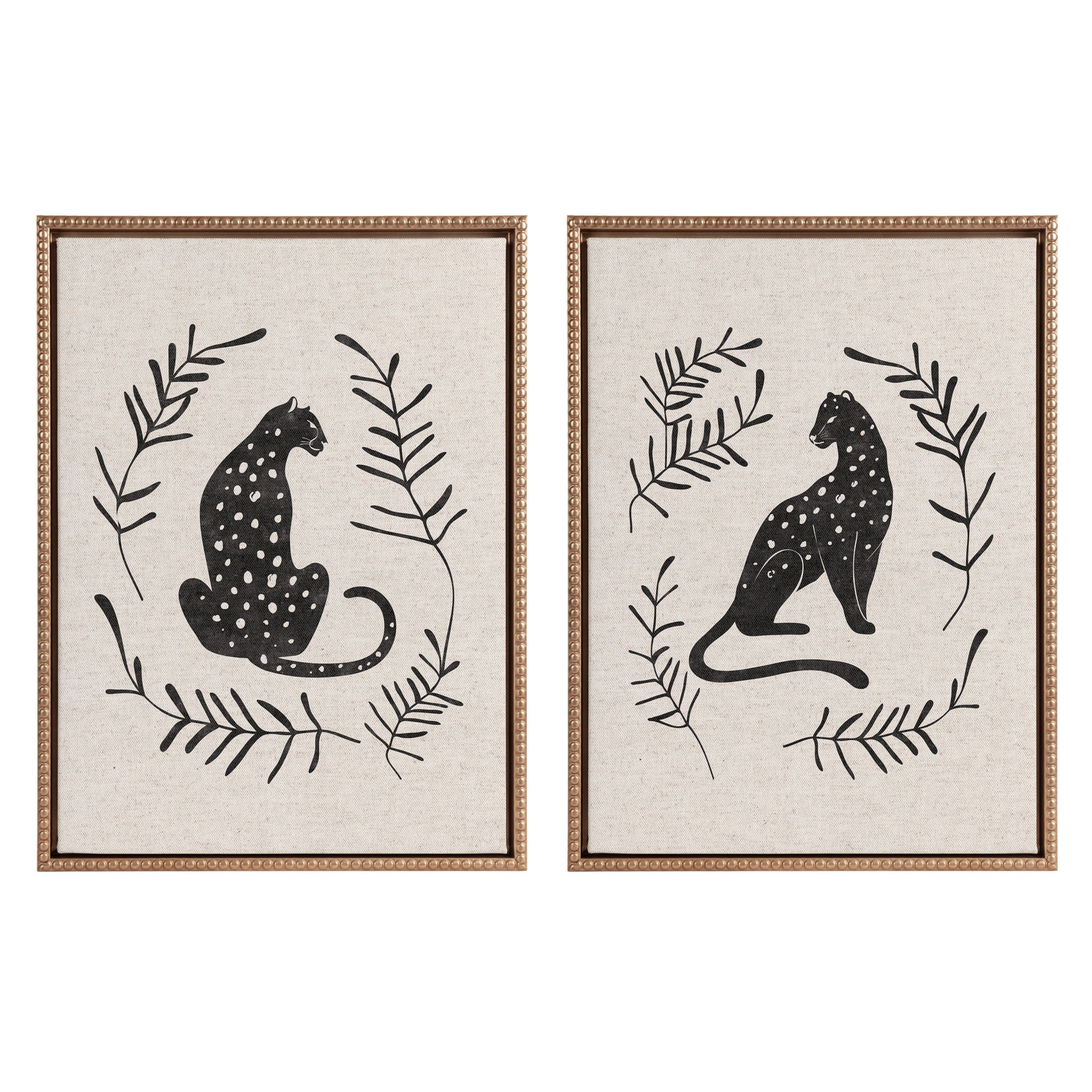 Two-piece framed canvas art set featuring neutral toned animal theme with vintage beaded frames