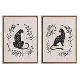Two framed canvas artworks each featuring a black spotted panther surrounded by simple black leafy branches on a neutral linen background, arranged side by side.