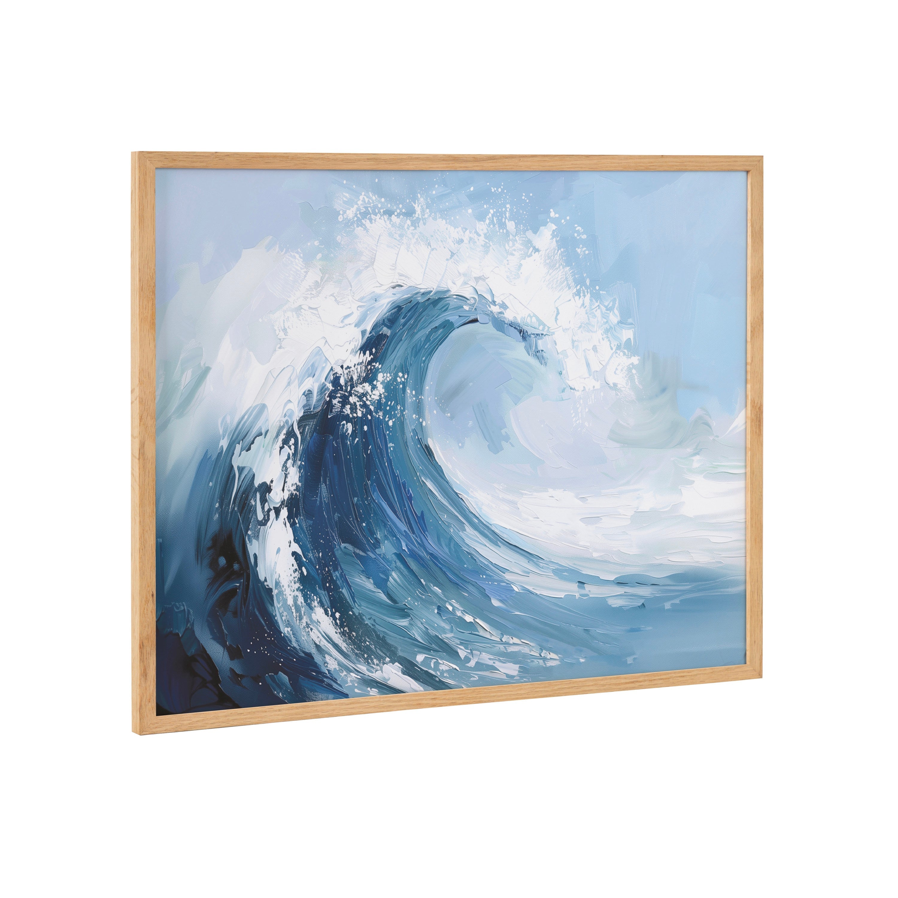Abstract coastal ocean wave framed print showing soft painterly brushstrokes in blue and neutral tones