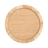 Round tabletop with woven rattan center surrounded by a smooth wooden rim featuring subtle grain and color variations.