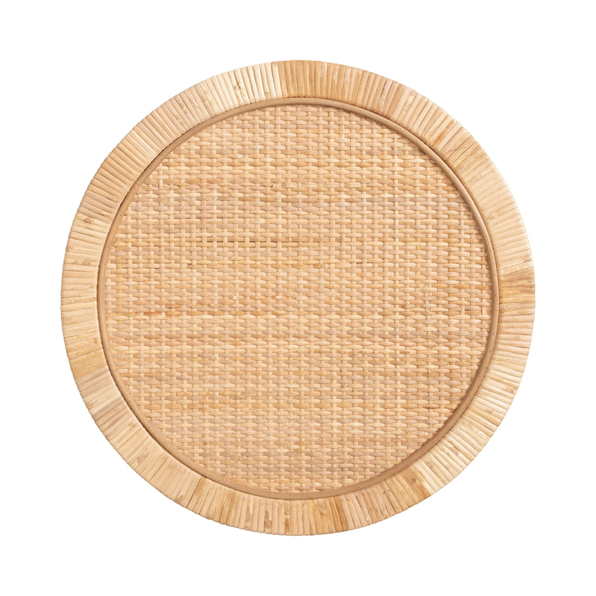 Round tabletop with woven rattan center surrounded by a smooth wooden rim featuring subtle grain and color variations.