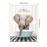 Front view of a large elephant standing in a light blue clawfoot bathtub filled with bubbles on a black and white checkerboard floor beneath a modern gold chandelier with glass bulbs.
