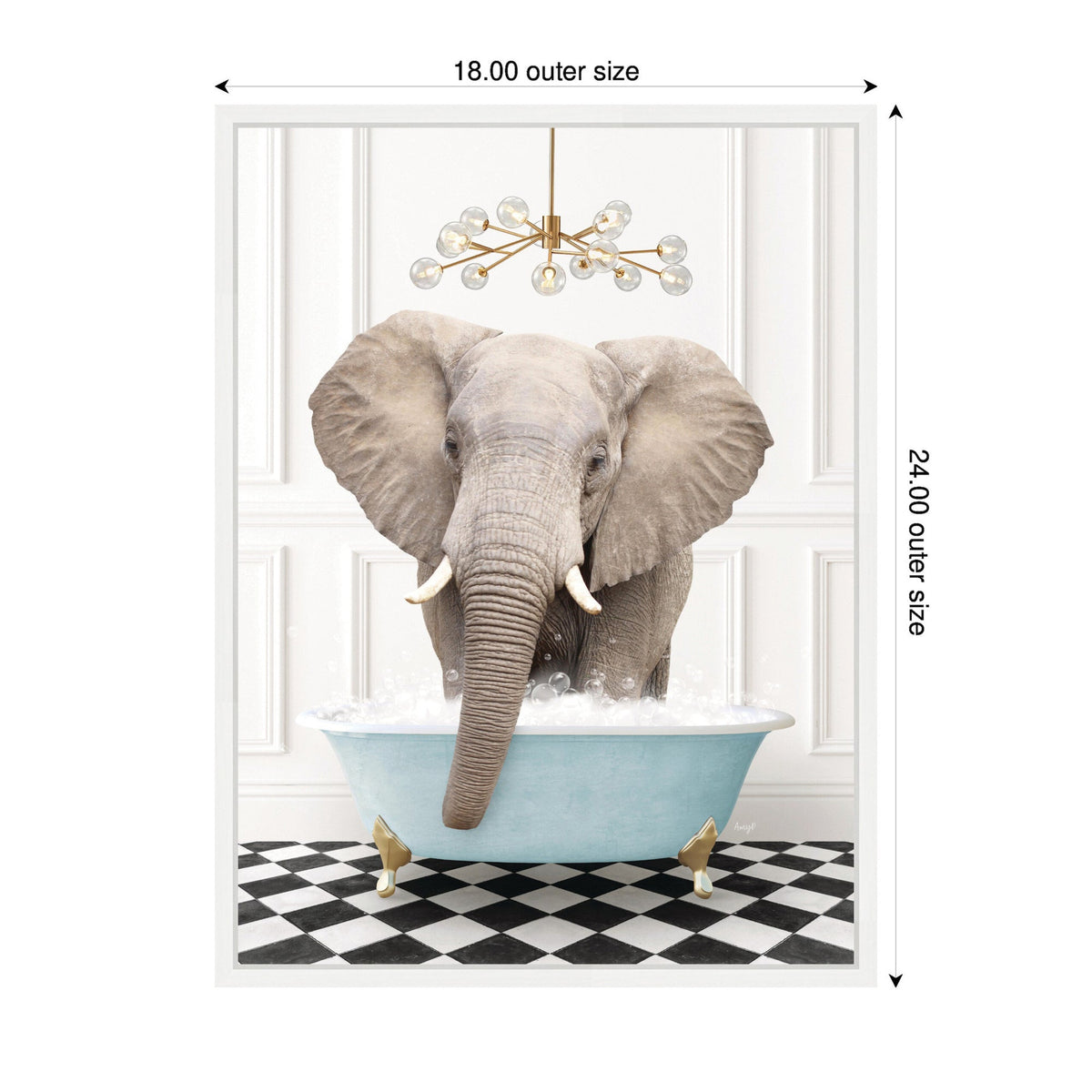 Front view of a large elephant standing in a light blue clawfoot bathtub filled with bubbles on a black and white checkerboard floor beneath a modern gold chandelier with glass bulbs.