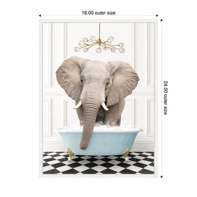 Sylvie Elephant Front in Blue Bathtub on Checker Floor Framed Canvas