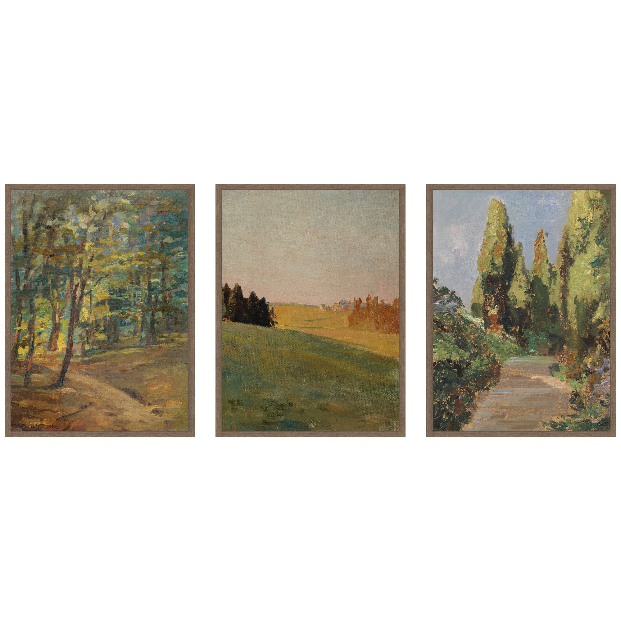 Three framed canvas wall art pieces depicting Forest Interior, Evening 1910, and Parklandschaft in walnut brown Sylvie frames