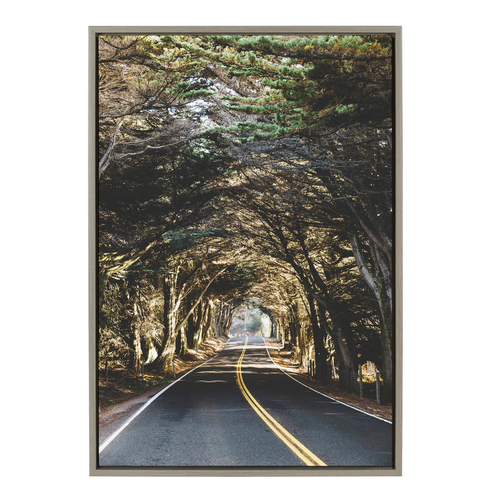 Sylvie Road Tripping framed canvas art showing a stylized countryside road trip scene by Patricia Hasz