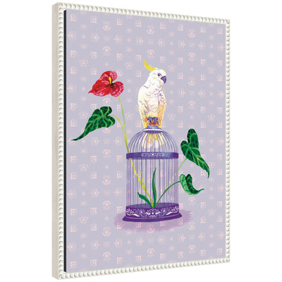 Cockatoo and Anthuriums framed canvas wall art print by Lucia Gianello featuring a white cockatoo surrounded by red anthurium flowers, set in a beaded Sylvie frame
