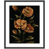 Framed art print titled Moody Floral 6 showing bright orange poppies on black background in stylish black narrow frame