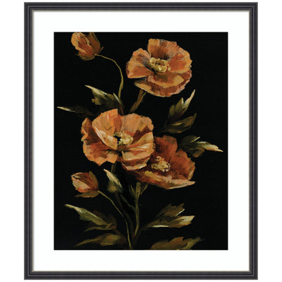 Framed art print titled Moody Floral 6 showing bright orange poppies on black background in stylish black narrow frame