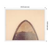 Top view of a vintage surfboard tip with worn brown edges and a beige background, framed with white borders indicating 20x16 inch outer size.