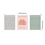 Three framed canvases with minimalist line art and text: left bird outline on gray, center orange coral-like pattern on pink, right abstract dancers on light green, all with uppercase titles.