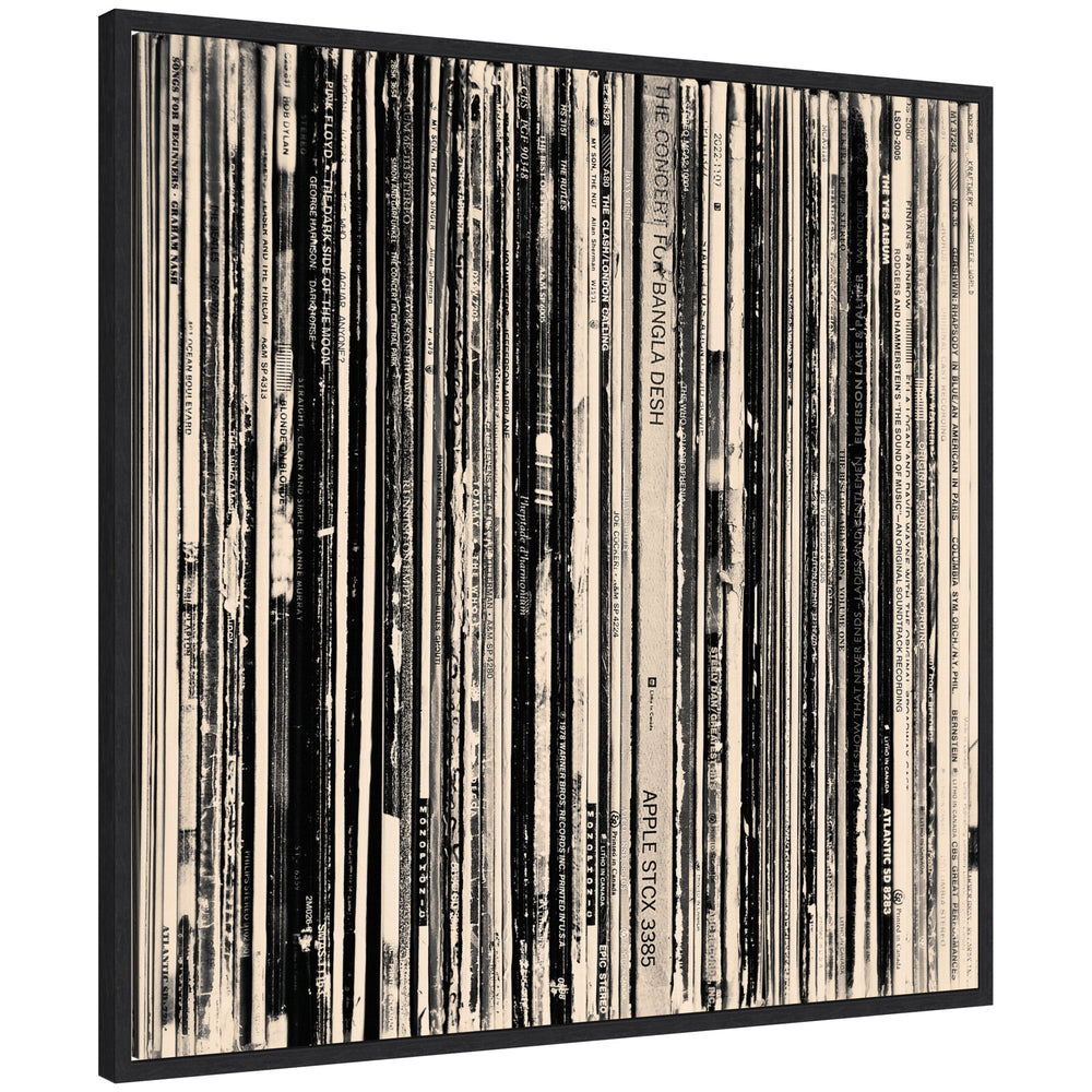 Framed canvas wall art print featuring 33 RPM black and white square design by Robert Cadloff