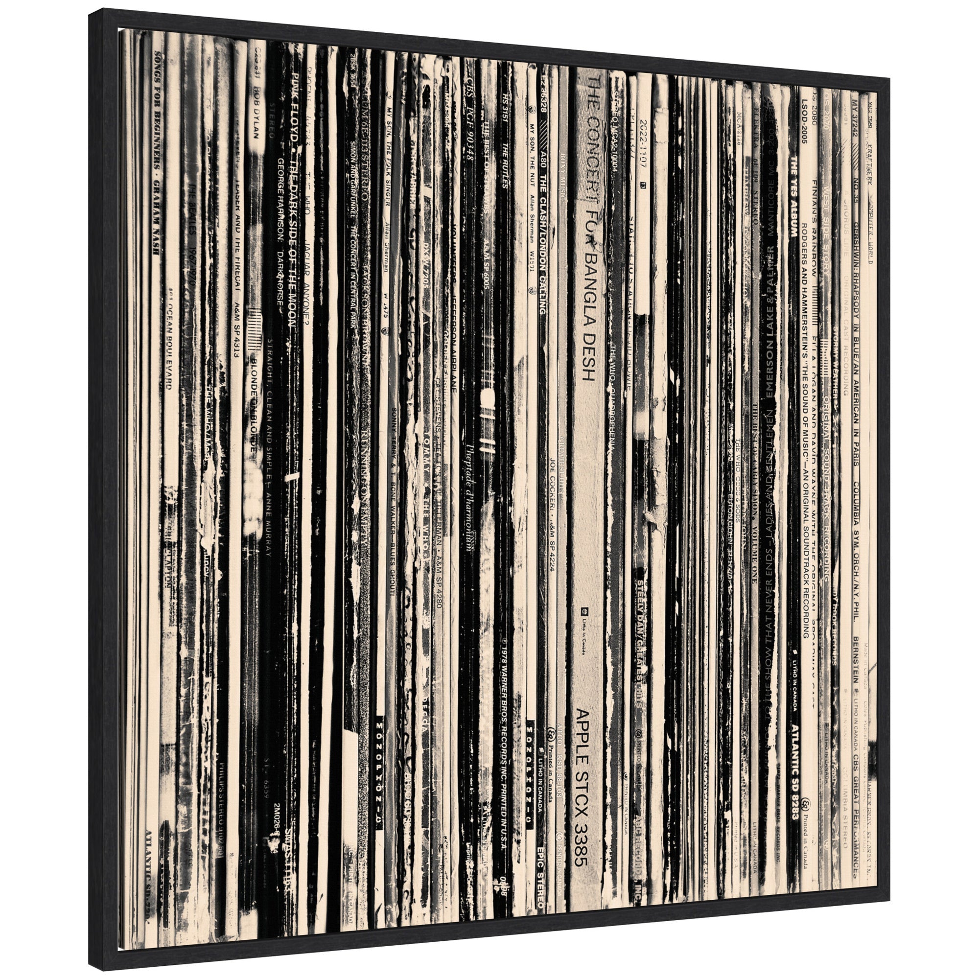 Framed canvas wall art print featuring 33 RPM black and white square design by Robert Cadloff