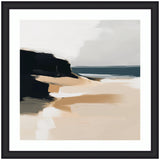 Framed abstract coastal landscape print showing sandy beach, dark cliff, and serene ocean under muted sky