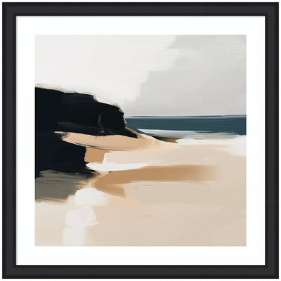 Framed abstract coastal landscape print showing sandy beach, dark cliff, and serene ocean under muted sky