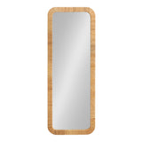 Tall rectangular wall mirror with smoothly rounded corners, framed by a light natural wood textured frame with visible horizontal grain lines.