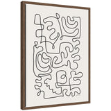 Framed canvas print featuring a single continuous black line forming abstract organic shapes on a white background, signed by the artist in the bottom right corner.
