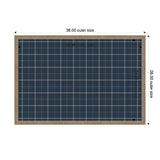 Rectangular pinboard with navy blue fabric printed in a beige plaid grid, framed in light wood with outer dimensions 38 by 26 inches and inner size 36 by 24 inches.
