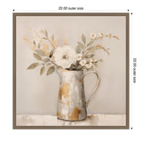 Framed canvas artwork depicting a rustic pitcher with textured beige and gold patches holding soft white and pale peach flowers with green leaves against a neutral background.