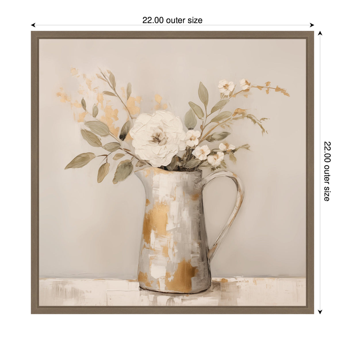 Framed canvas artwork depicting a rustic pitcher with textured beige and gold patches holding soft white and pale peach flowers with green leaves against a neutral background.