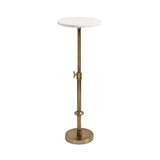 Adjustable-height plant stand with a round white marble top and a slender antique brass metal base featuring a small lever near the center for height adjustment.